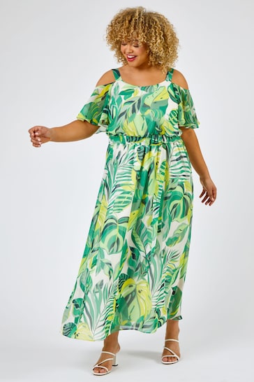 Roman Green Curve Tropical Leaf Print Cold Shoulder Maxi Dress