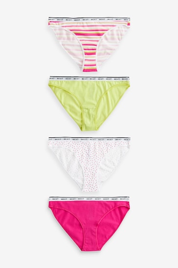 Pink/Stripe/Lime Green High Leg Cotton Rich Logo Knickers 4 Pack