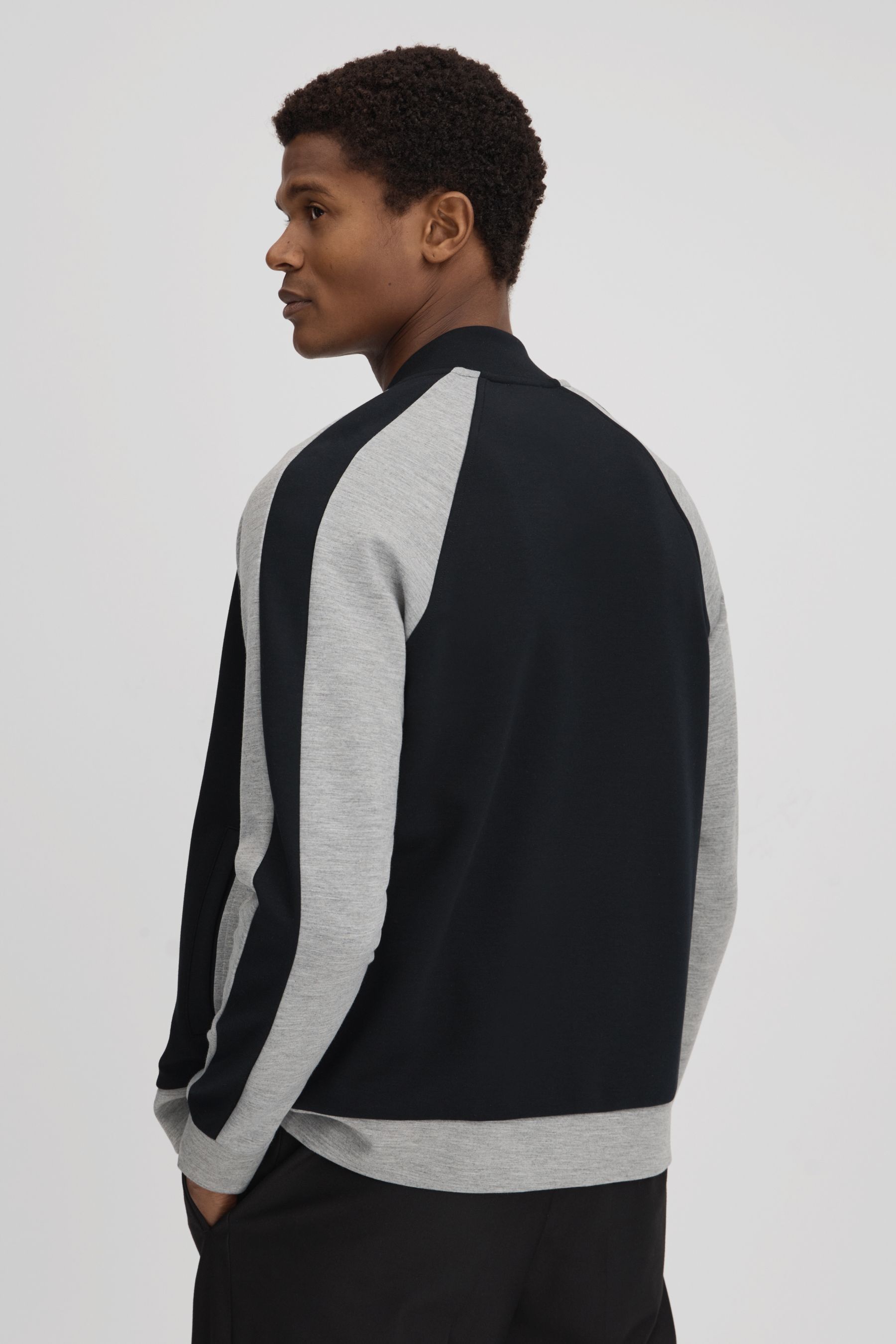 Buy Reiss Navy Grey Pelham Colourblock Jersey Bomber Jacket from