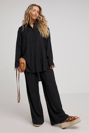 Simply Be Black Tie Waist Linen Wide Leg Trousers