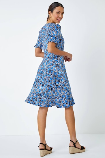 Roman Blue Ditsy Floral Button Detail Tea Dress