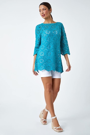 Roman Blue Floral Cotton Crochet Top