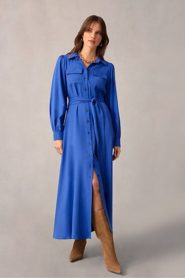 Ro&Zo Blue Pocket Detail Midi Shirt Dress