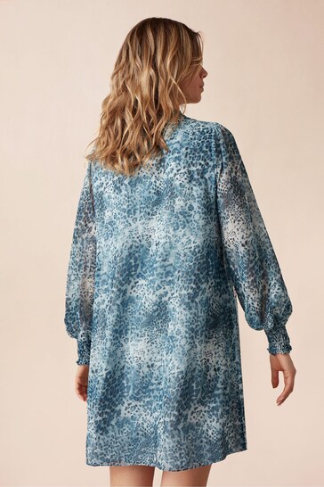 Ro&Zo Blue Mini Leopard smock Shirred Shoulder Dress