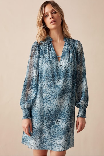 Ro&Zo Blue Mini Leopard Print Shirred Shoulder Dress