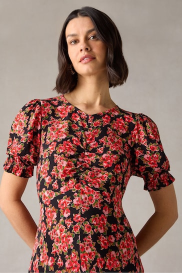 Ro&Zo Petite Red Rose Print Ruched Front Midi Dress