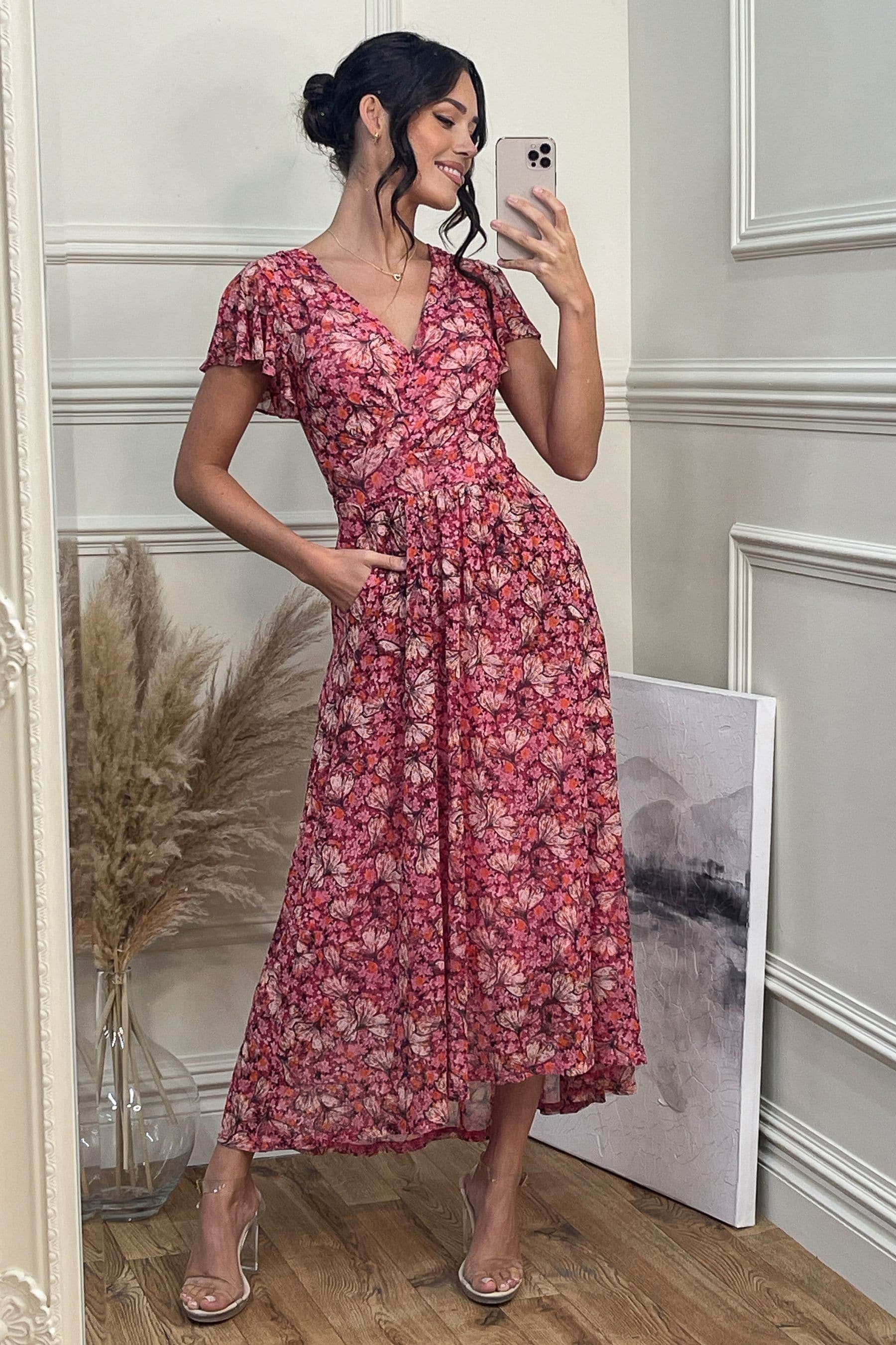 Pink v neck maxi dress clearance
