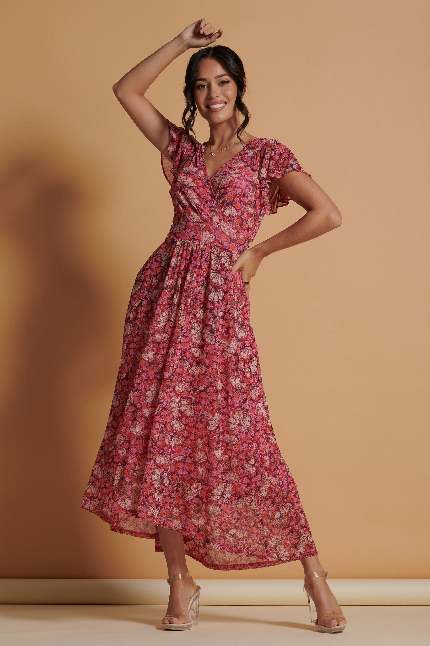 Pink v neck maxi dress discount
