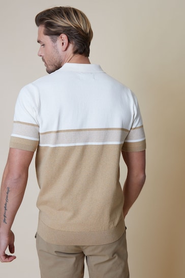 Threadbare Brown & White Cotton Blend 1/4 Zip Knitted Polo Shirt
