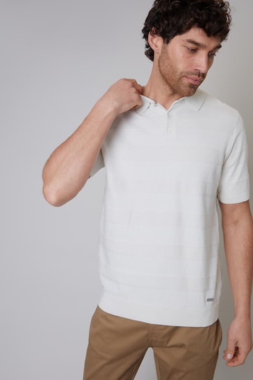 Threadbare White Cotton Mix Short Sleeve Textured Knitted Polo Shirt