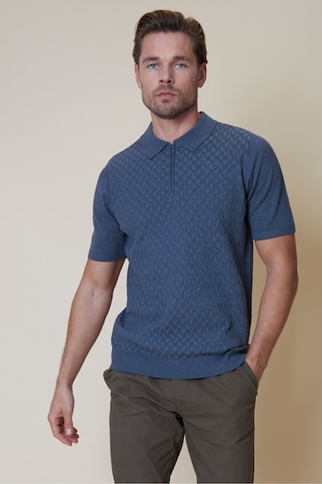 Threadbare Blue Cotton Blend 1/4 Zip Knitted Polo Shirt