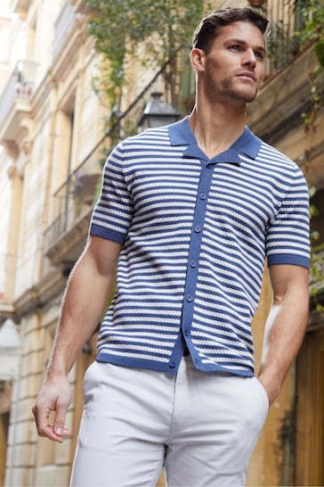 Threadbare Blue & White Cotton Mix Revere Collar Short Sleeve Textured Knitted Shirt