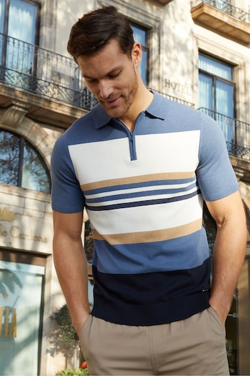 Threadbare Blue White & Brown Cotton Blend 1/4 Zip Knitted Polo Shirt