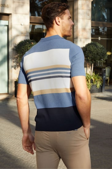 Threadbare Blue White & Brown Cotton Blend 1/4 Zip Knitted Polo Shirt
