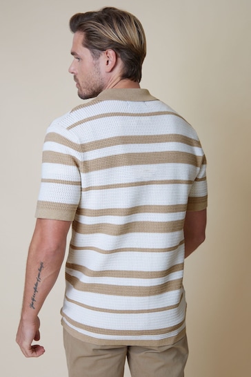 Threadbare Brown & White Cotton Mix Revere Collar Short Sleeve Textured Knitted Shirt