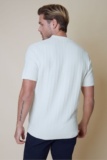 Threadbare Ivory White Cotton Mix Short Sleeve Textured Knitted Polo Shirt