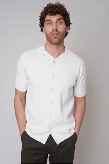 Threadbare White Cotton Mix Revere Collar Short Sleeve Textured Knitted Shirt