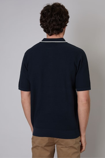 Threadbare Navy Blue Cotton Mix Short Sleeve Textured Knitted Polo Shirt