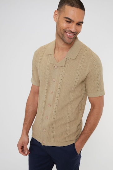 Threadbare Brown Cotton Mix Revere Collar Short Sleeve Textured Knitted Shirt