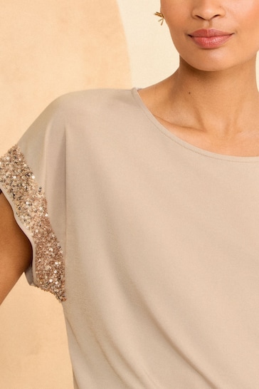 Love & Roses Camel Sequin Cuff Jersey Top