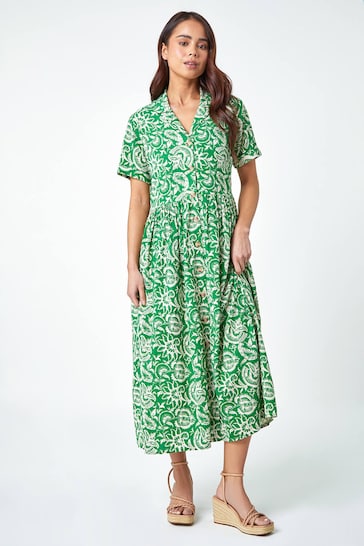 Roman Green Floral Print Midi Tea Dress