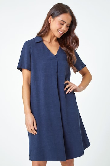 Roman Blue Linen Blend Pocket Tunic Dress