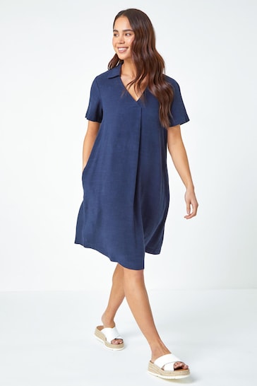 Roman Blue Linen Blend Pocket Tunic Dress
