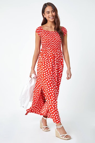 Roman Red Petite Polka Dot Bardot Midi Dress