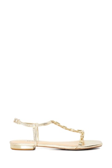 Dune London Gold Nourish Chain T-Bar Flat Sandals