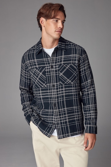 Navy Blue/Grey 100% Cotton Check Twill Shacket Overshirt