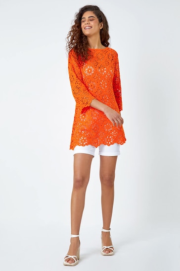 Roman Orange Floral Cotton Crochet Top