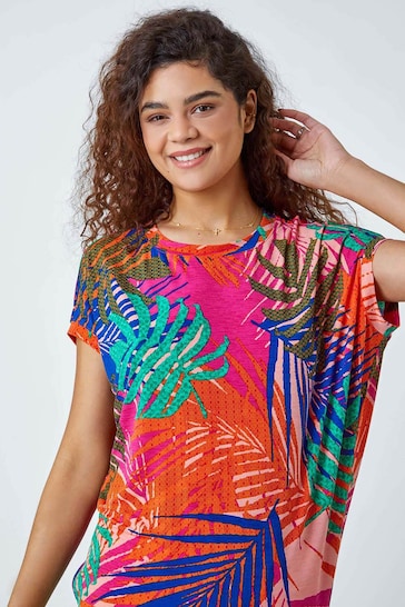 Roman Pink Tropical Print Cocoon Stretch Top