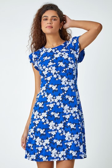 Roman Blue Floral Print Frill Sleeve Stretch Dress