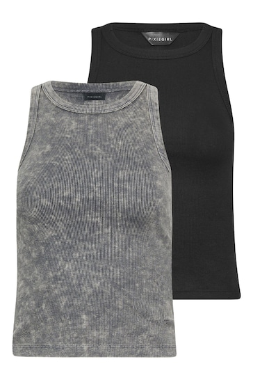 PixieGirl Petite Grey Acid Wash And Black Plain Vest Tops 2 Pack