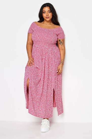 Yours Curve Pink Ditsy Floral Print Shirred Bardot Maxi Dress