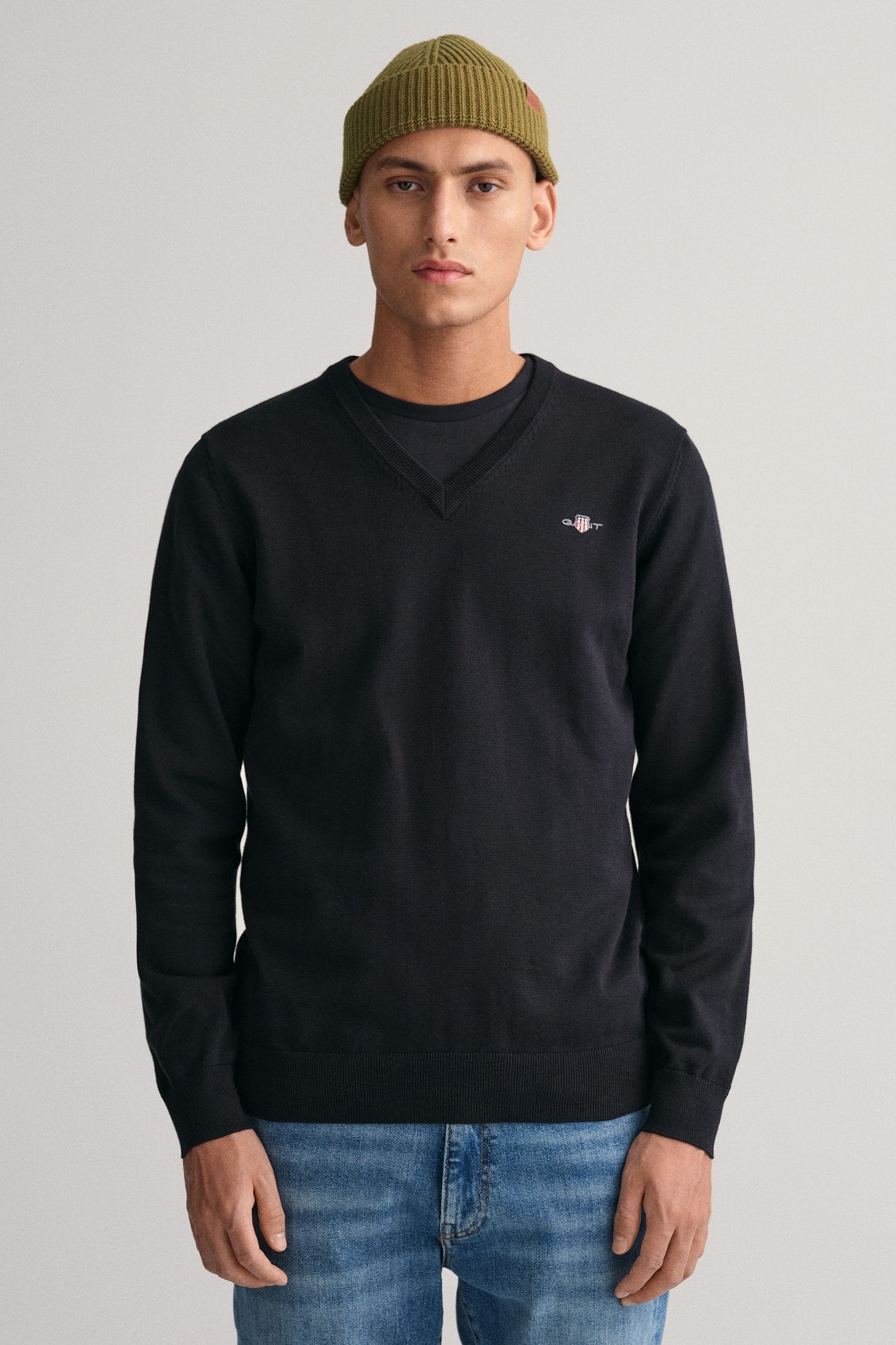 GANT Black Classic 100 Cotton V Neck Jumper