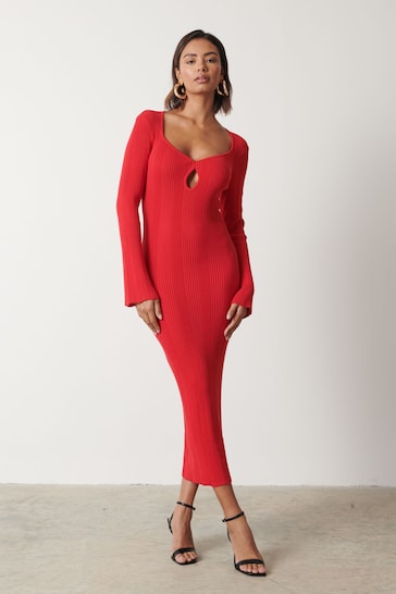 Pretty Lavish Red Lana Sweetheart Neck Knitted Jumper Dress