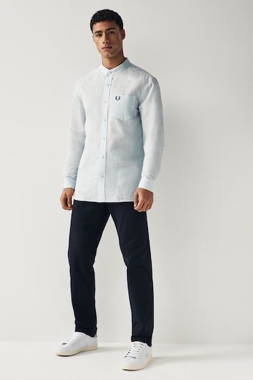 Fred Perry Blue Linen Blend Grandad Collar Long Sleeve Shirt
