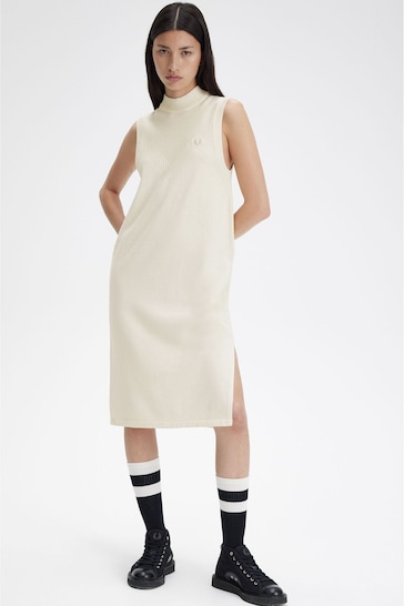 Fred Perry Ecru White Ponitelle Detail Knitted Dress