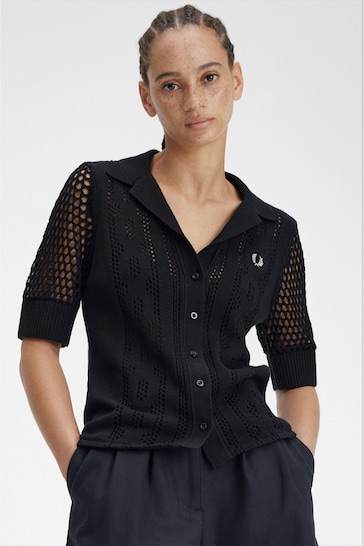 Fred Perry Open Knit Button Through Black Shirt