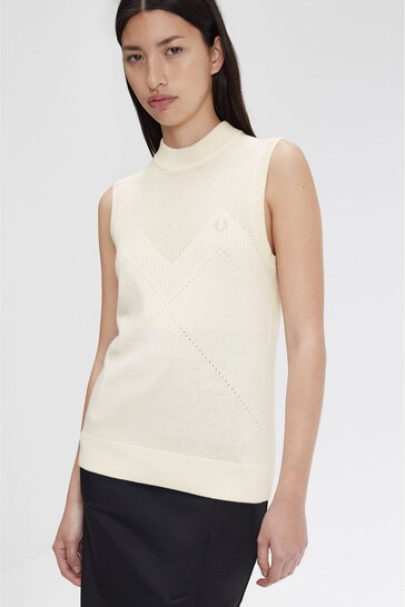 Fred Perry Ecru White Ponitelle Detail Knitted Vest