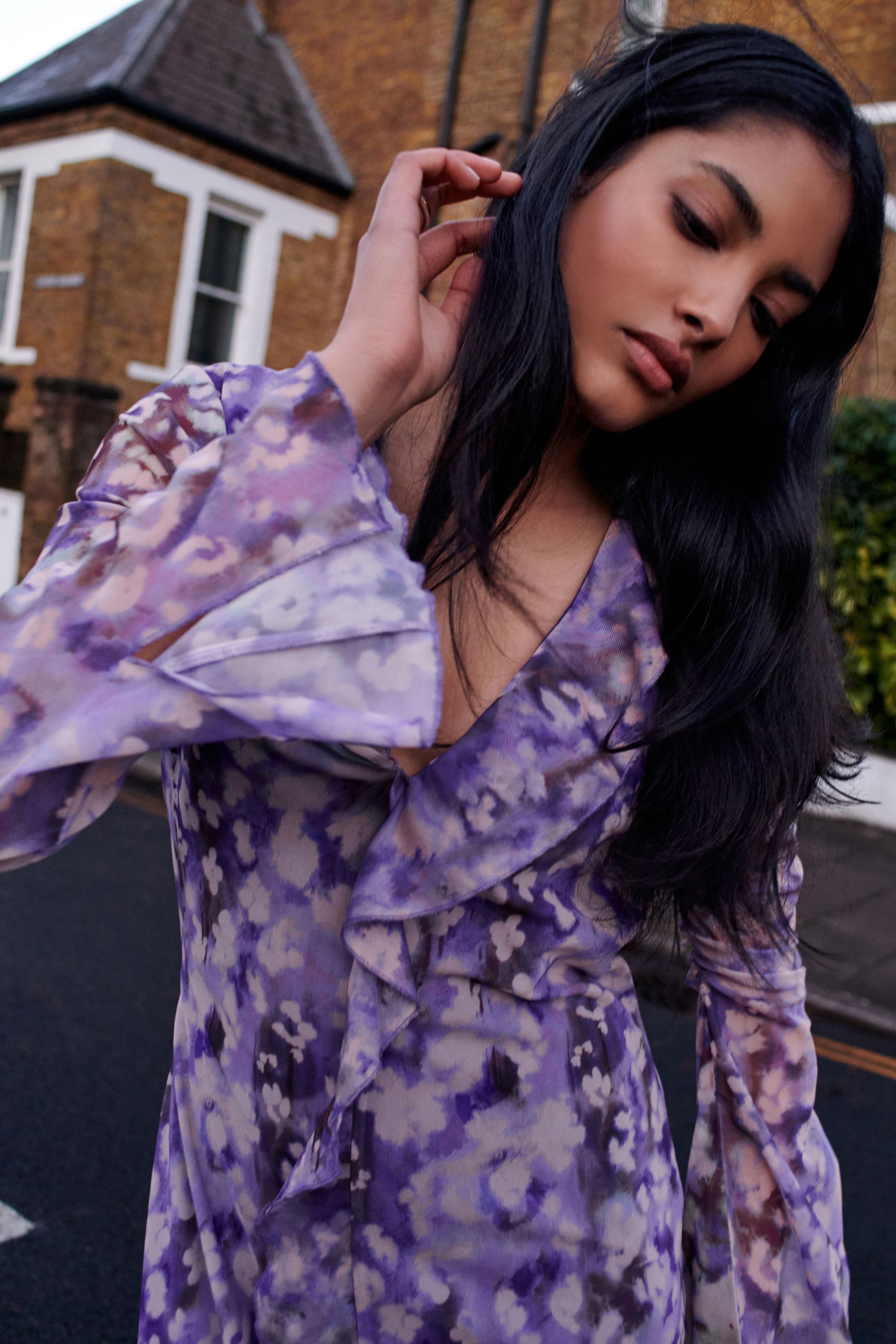 Lilac Purple Long Sleeve Mesh Ruffle Maxi Dress