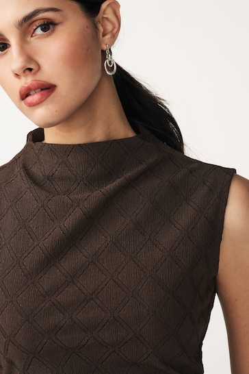 Brown Diamond Textured Sleeveless Ruched Maxi Dress