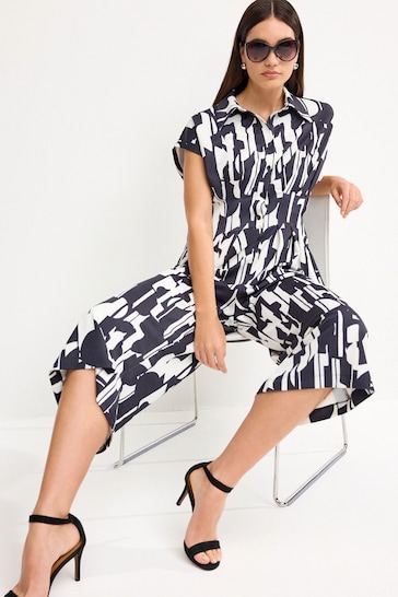 Black and White Printed Corset Detail Short Sleeve Jumpsuit