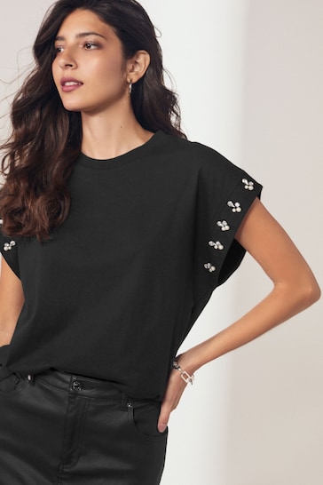 Black Sparkle Pearl Sleeve T-Shirt