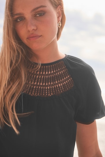 Buy Black Short Sleeve Crochet Bubblehem Top from the Next UK