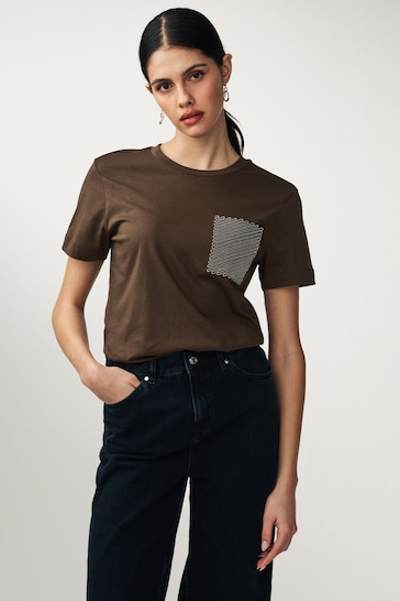 Brown Short Sleeve Embellished Pocket T-Shirt