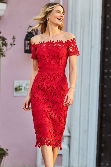 Sosandar Red Bardot Guipure Lace Dress