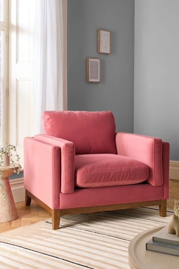 Soft Velvet Raspberry Pink Bennett Wooden Arm Chair