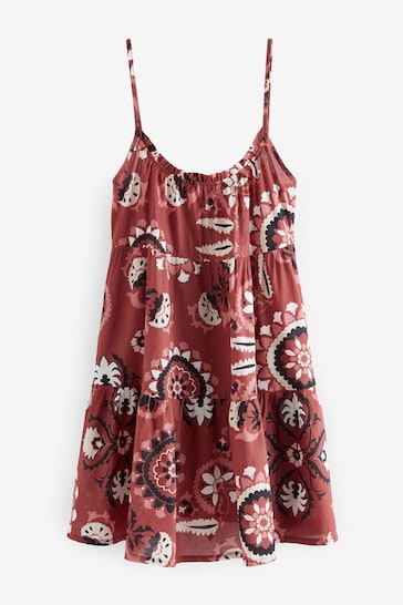 Burgundy Red Aztec Mini Tiered Summer Cotton Dress